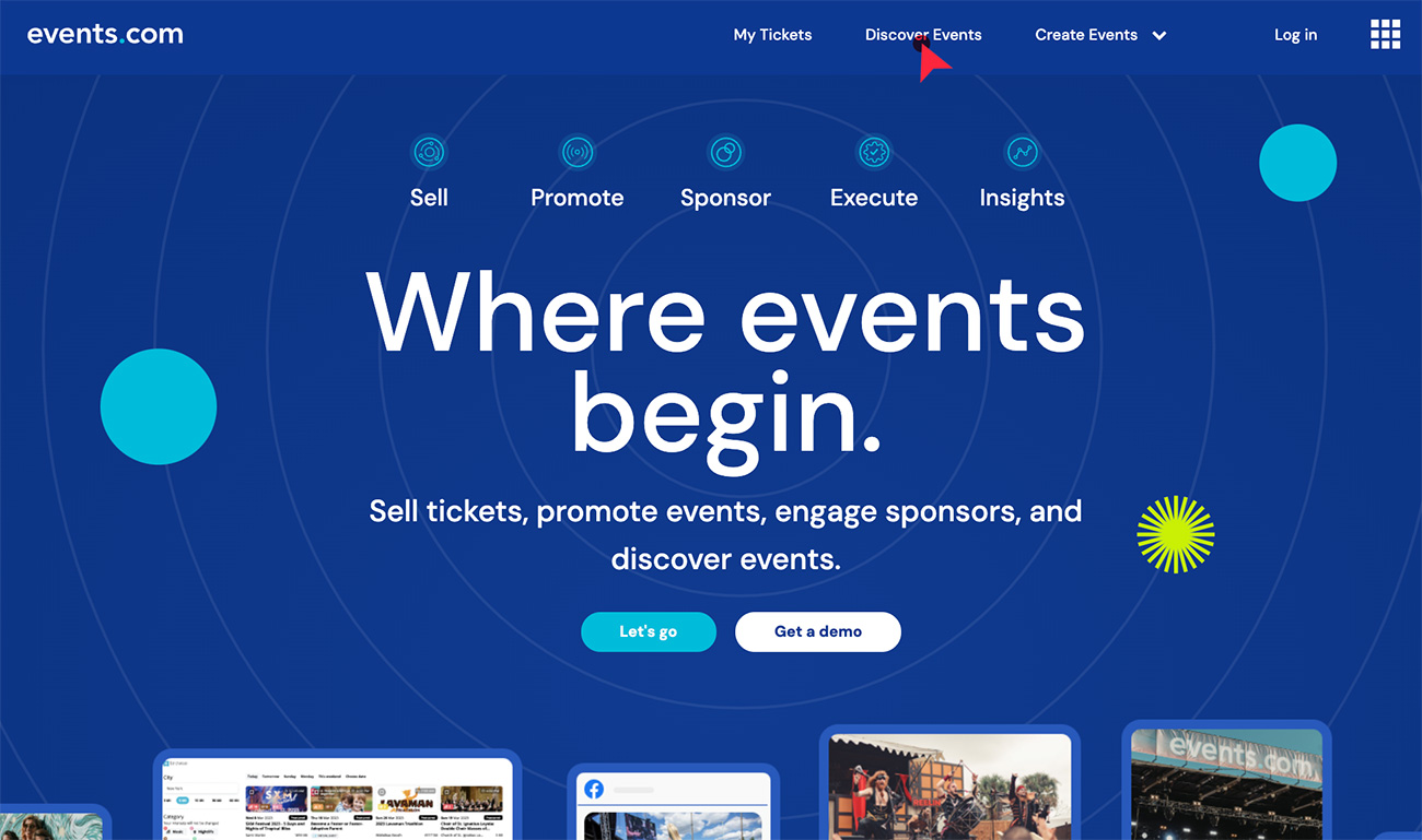 Screenshot of Events.com homepage to navigate to Discover