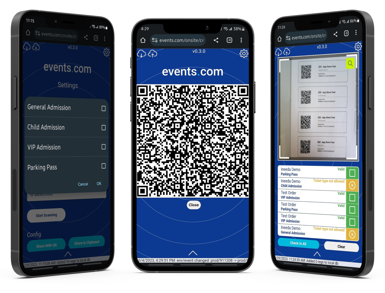 Events.com Check-In App displayed on a mobile device