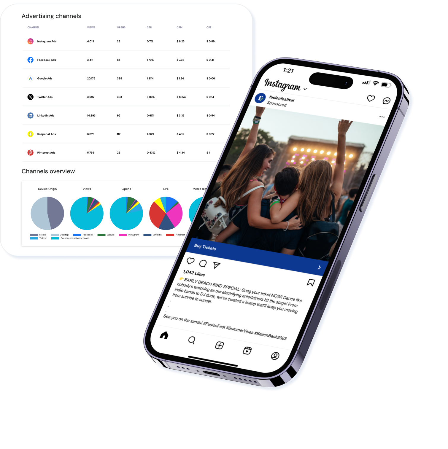 Events.com Promote app displaying various advertising channels
